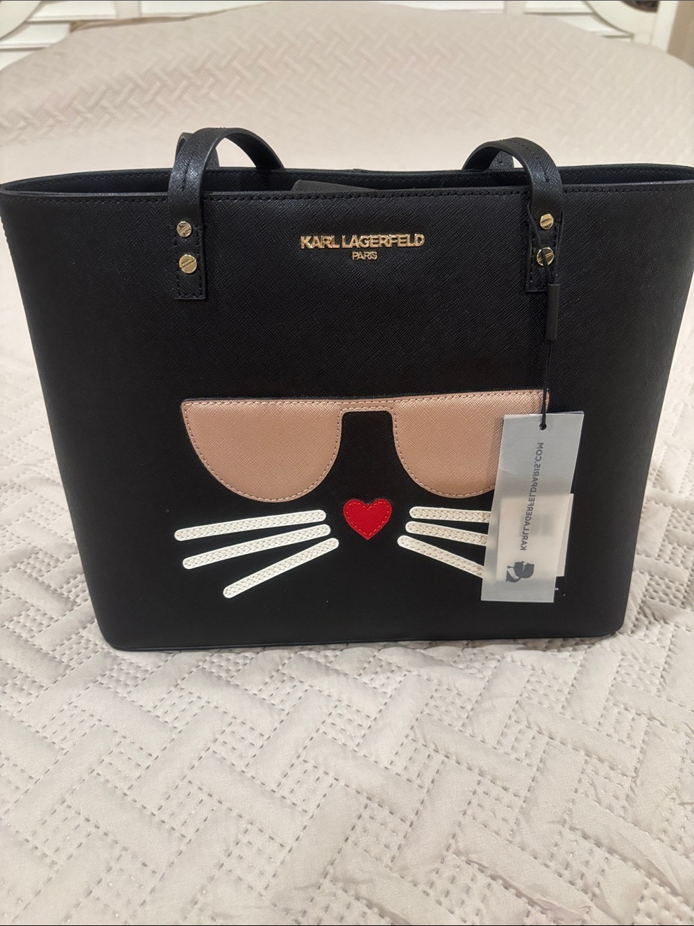 Karl Lagerfeld Black Tote with Kitty Face and Tan Sunglasses